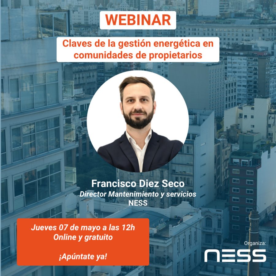 Promotional webinar poster featuring Francisco Diez Seco, with event title and date: Jueves 07 de mayo a las 12h, online y gratuito, organizada por NESS.