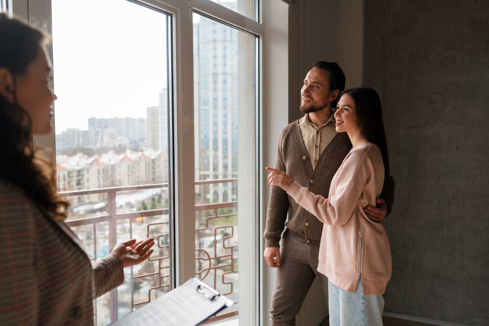A woman on the left explains features to a couple standing by a large window in a high-rise apartment, with city buildings outside.