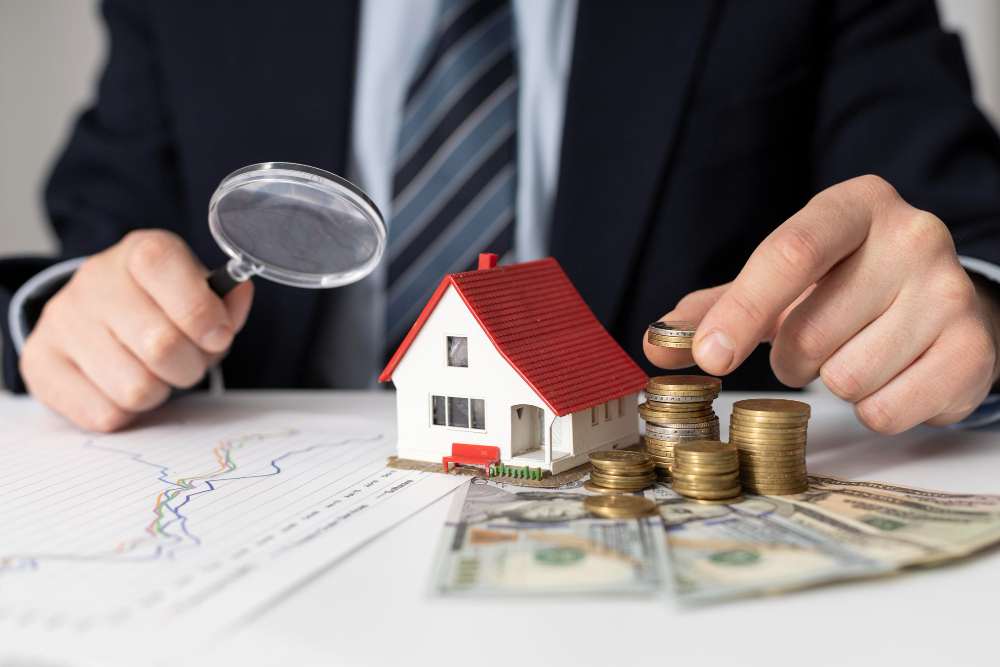 773728 - DJ Real Estate Solutions - EconomiaeInversion.com Businessperson in a suit examines a miniature house with a magnifying glass, coins, and charts on a desk for real estate investment analysis