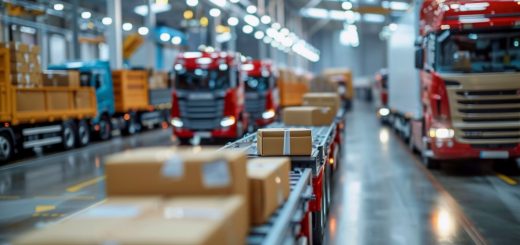 Busy warehouse with red delivery trucks and a conveyor belt carrying cardboard boxes in the foreground.