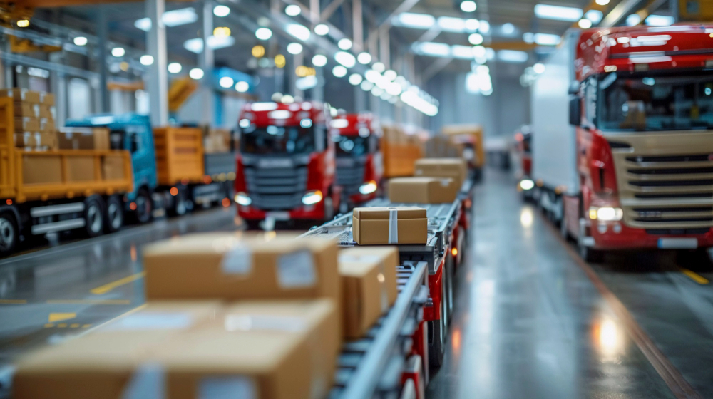 Busy warehouse with red delivery trucks and a conveyor belt carrying cardboard boxes in the foreground.