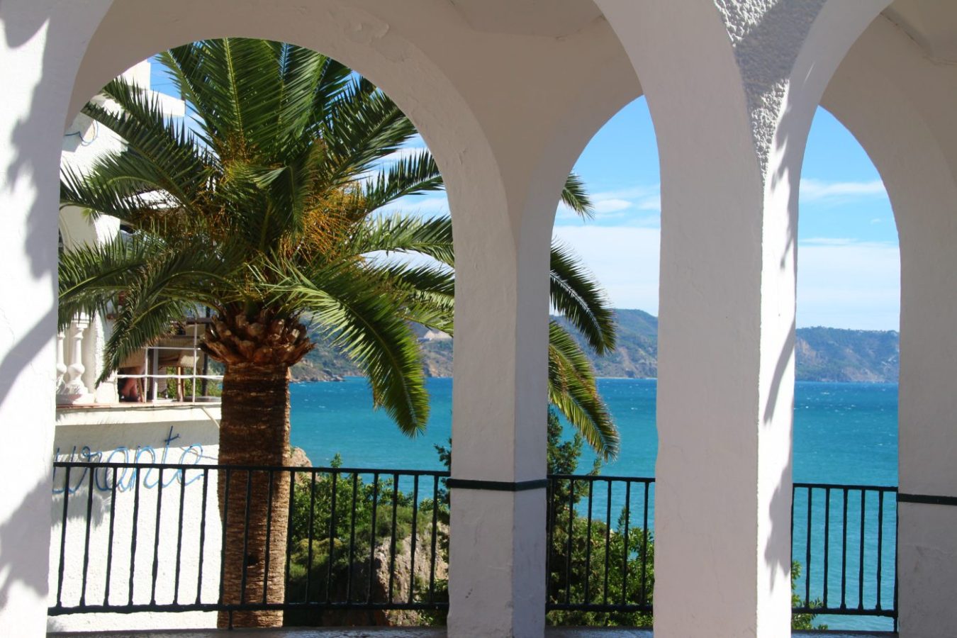 776645 - Grupo ALCI - EconomiaeInversion.com White arched terrace framing a palm tree and blue sea beyond, with a black railing in the foreground and distant hills under a clear sky.