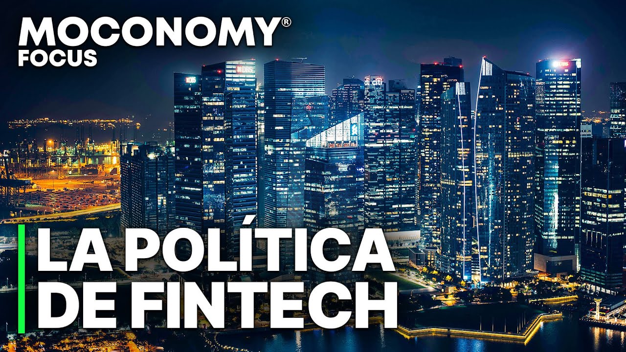 automatizacion-con-software-en-Blockchain-y-fintech - EconomiaeInversion.com Nighttime city skyline with a bold white overlay reading 'La Política de Fintech' and 'Moconomy Focus' branding in the corner, for a fintech policy article cover.