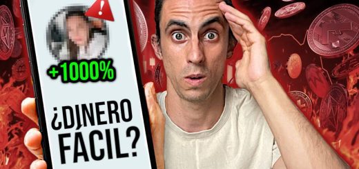 Man looks surprised while holding a smartphone displaying '+1000%' and the Spanish text '¿DINERO FACIL?', suggesting a get-rich-quick scam.