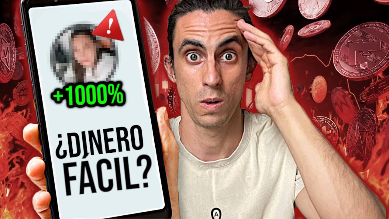 Man looks surprised while holding a smartphone displaying '+1000%' and the Spanish text '¿DINERO FACIL?', suggesting a get-rich-quick scam.