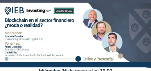 Banner de webinar: Blockchain en el sector financiero — moda o realidad? con moderador y ponentes; online y presencial.