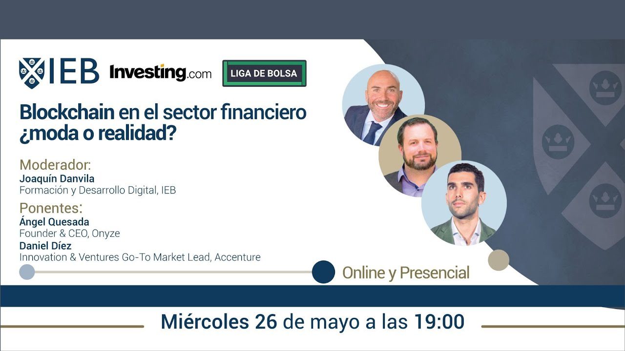 Banner de webinar: Blockchain en el sector financiero — moda o realidad? con moderador y ponentes; online y presencial.