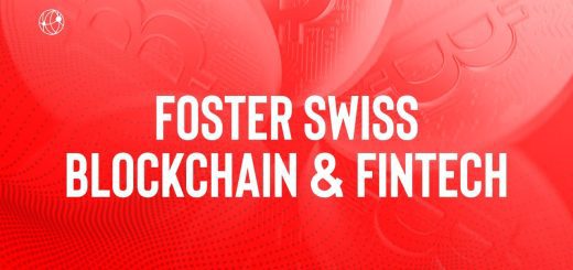 Red promotional banner with bold white text: 'FOSTER SWISS BLOCKCHAIN & FINTECH' and a small globe icon on the left.